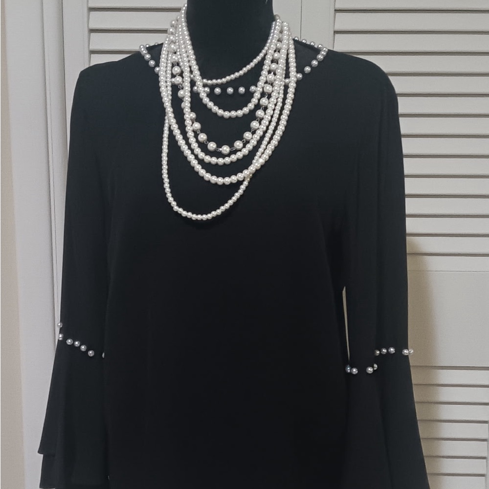 Tahari ASL Black Blouse with Pearl Details